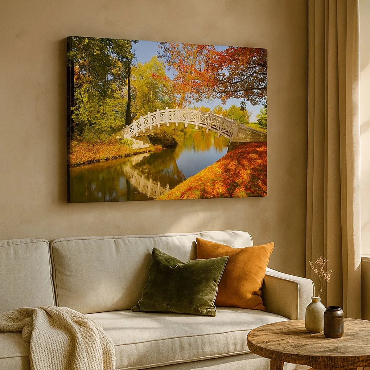 Bild auf Leinwand - Leinwandbild - Eine Brücke in einem Park, umgeben von Herbstlaub über ruhigem Wasser - 70x50cm - Auf der weißen Seufzerbrücke - Moderne Wanddekoration für Wohnzimmer und Schlafzimmer ARTTOR
