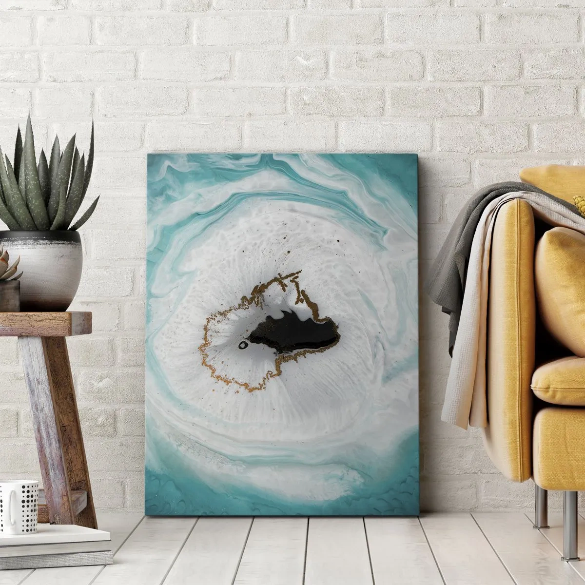 Bild auf Leinwand - Leinwandbild - Abstraktes Geodenmotiv in Türkis-, Weiß- und Goldtönen - 50x70cm - Nach Innen eindringen - Moderne Wanddekoration für Wohnzimmer und Schlafzimmer ARTTOR