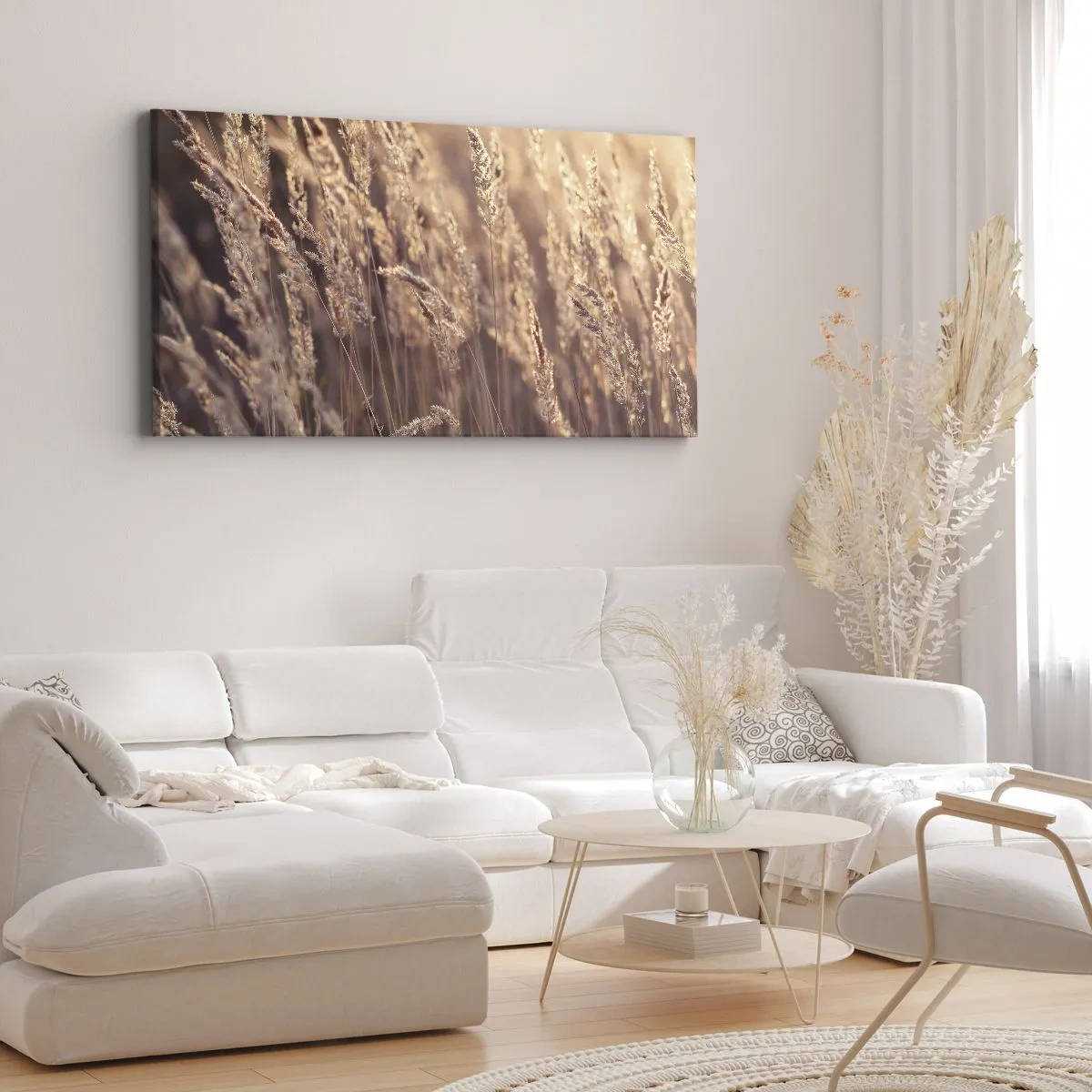 Bild auf Leinwand - Leinwandbild - Goldene Gräser vor dem Hintergrund der untergehenden Sonne - 160x50cm - Bereit, den Herbst willkommen zu heißen - Moderne Wanddekoration für Wohnzimmer und Schlafzimmer ARTTOR