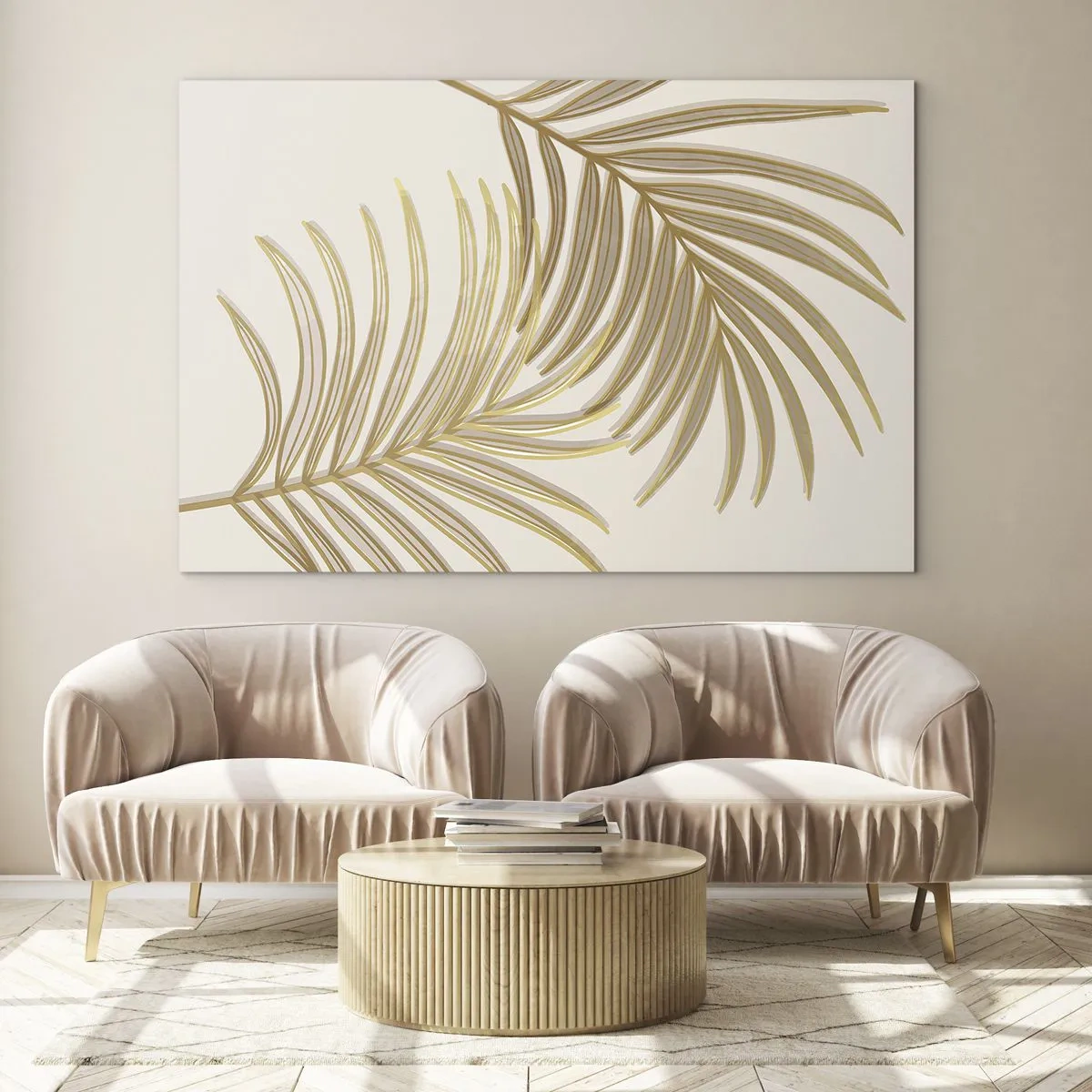 Glasbild - Bild auf glas - Goldene Palmblätter auf hellem Hintergrund - 70x50cm - Goldene Palme! - Moderne Wanddekoration für Wohnzimmer und Schlafzimmer ARTTOR