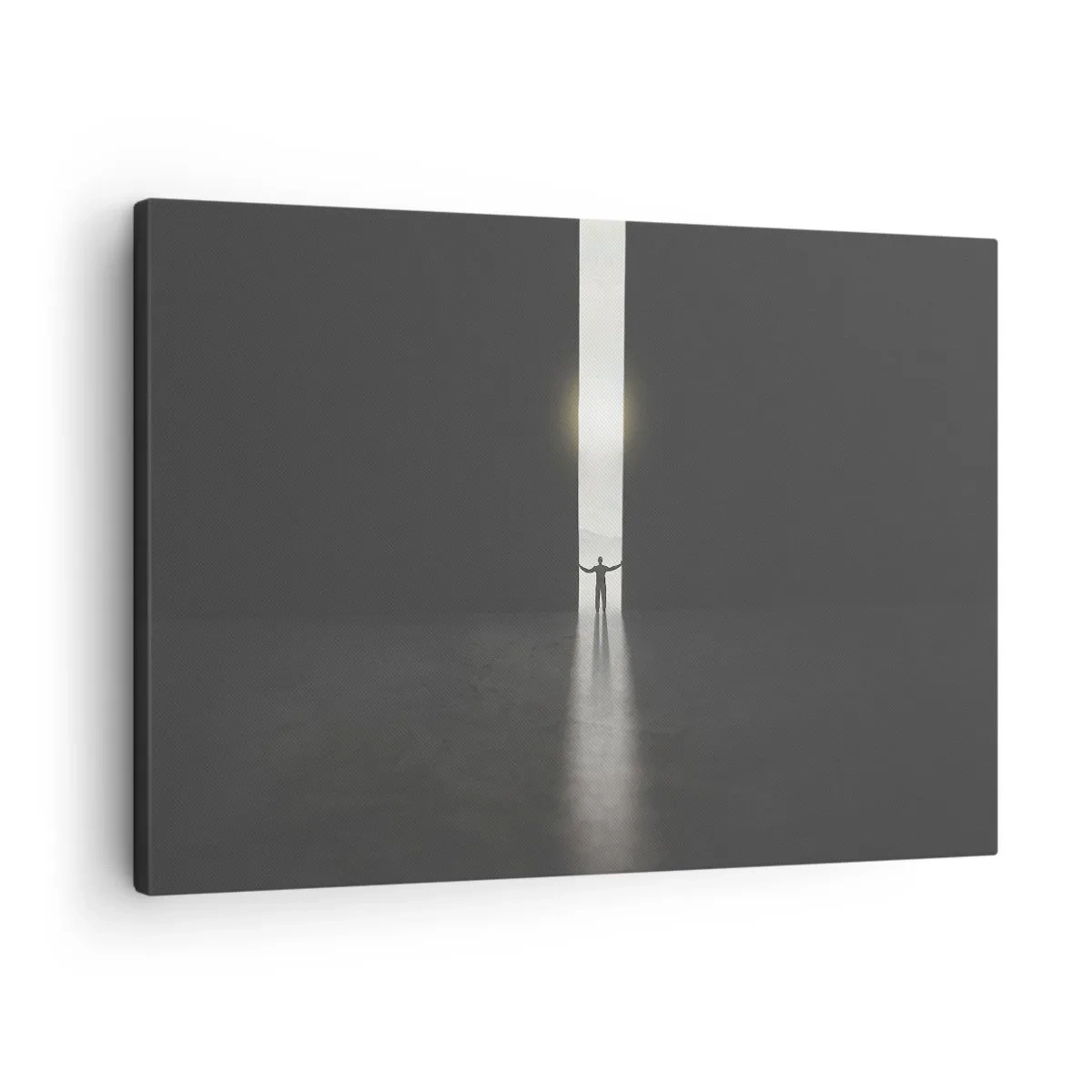 Bild auf Leinwand - Leinwandbild - Ein Mann steht im Licht eines schmalen Schlitzes in einem dunklen Raum - 70x50cm - Ein Schritt in eine strahlende Zukunft - Moderne Wanddekoration für Wohnzimmer und Schlafzimmer ARTTOR