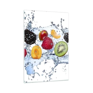 Glasbild - Bild auf glas - Bunte Früchte in Wasserspritzern auf weißem Hintergrund eingetaucht - 70x100cm - Viel Spaß mit uns - Moderne Wanddekoration für Wohnzimmer und Schlafzimmer ARTTOR