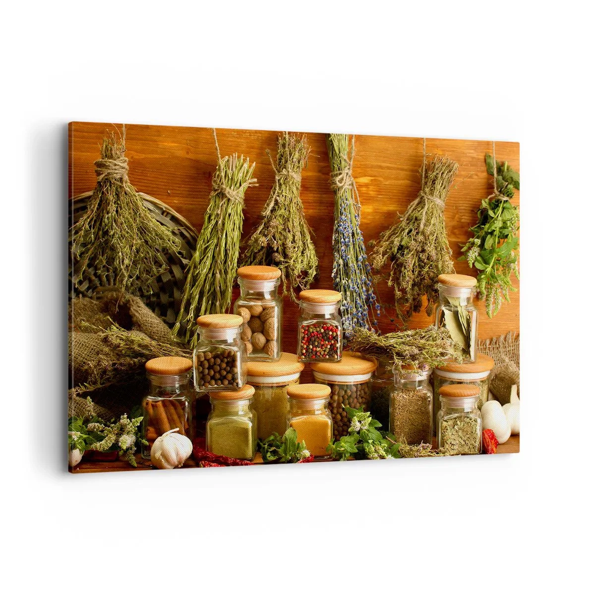 Bild auf Leinwand - Leinwandbild - Kräuter und Gewürze in Gläsern auf rustikalem Hintergrund - 120x80cm - Küchenzauber - Moderne Wanddekoration für Wohnzimmer und Schlafzimmer ARTTOR