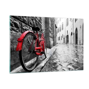 Glasbild - Bild auf glas - Ein rotes Fahrrad auf einer Kopfsteinpflasterstraße mit monochromem Hintergrund. - 120x80cm - Wahre Schönheit wird nicht alt - Moderne Wanddekoration für Wohnzimmer und Schlafzimmer ARTTOR