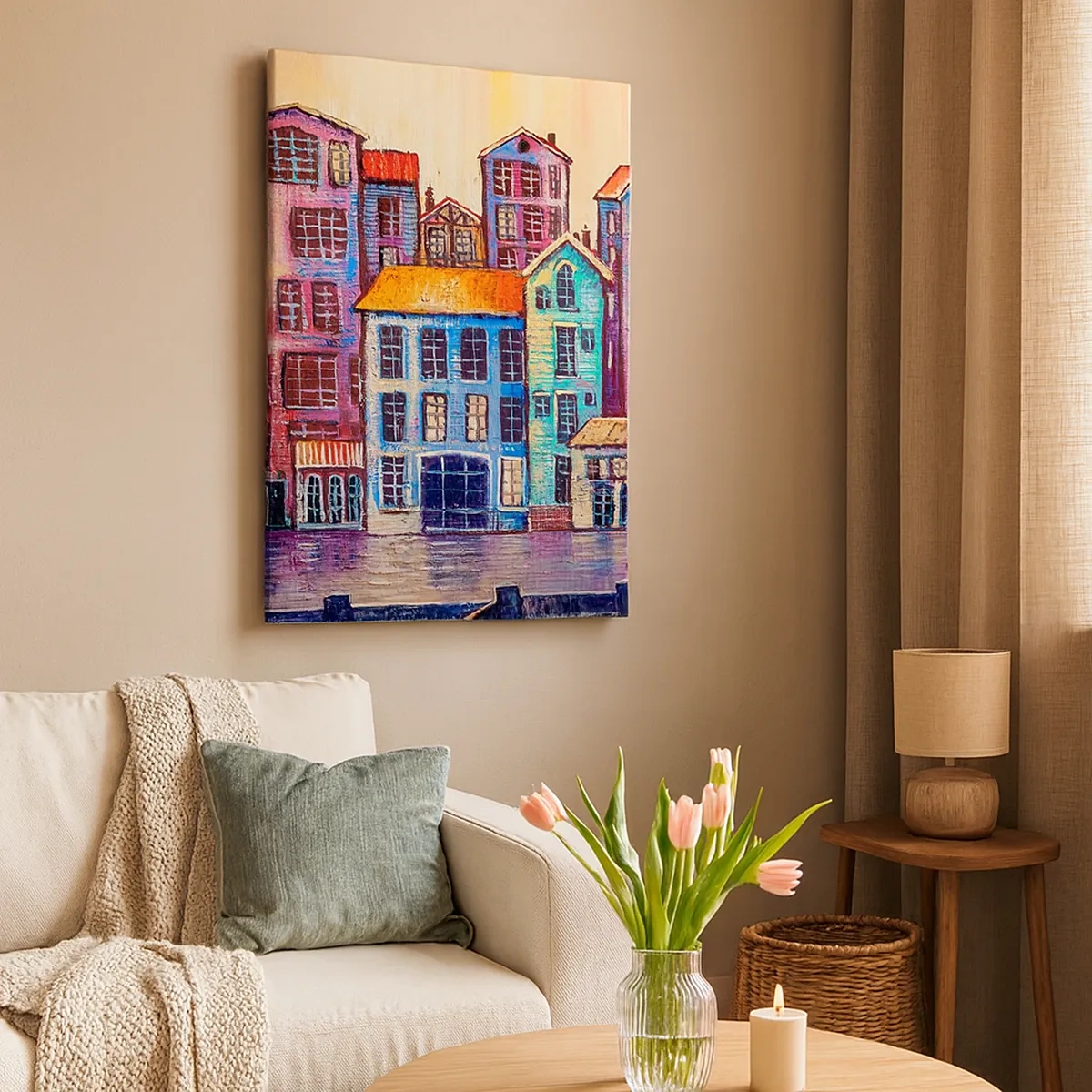 Bild auf Leinwand - Leinwandbild - Bunte Mietshäuser am Wasser im künstlerischen Stil - 50x70cm - Stadt wie aus einem Märchen - Moderne Wanddekoration für Wohnzimmer und Schlafzimmer ARTTOR