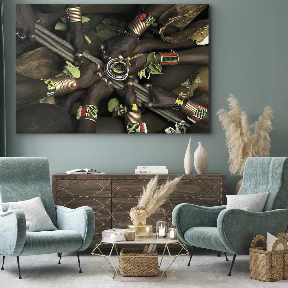 Bild auf Leinwand - Leinwandbild - Traditionelle Handarmbänder in einer Gruppe von Händen - 70x50cm - Wir sind zusammen - Moderne Wanddekoration für Wohnzimmer und Schlafzimmer ARTTOR