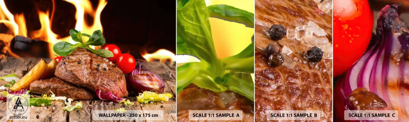 Fototapetenmuster Standard Eco - Von Hitze gezaubert - Gastronomie, Steak, Feuerflammen - 100x30 cm