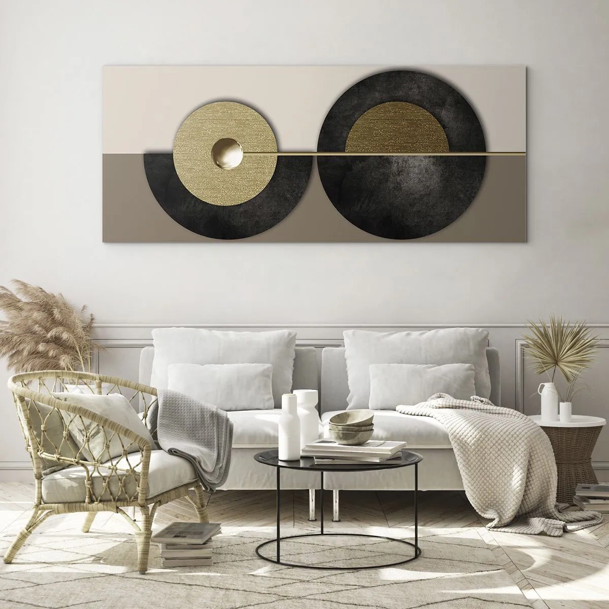 Glasbild - Bild auf glas - Abstrakte Kreise in Gold- und Brauntönen - 140x50cm - Variationen rund um den Kreis - Moderne Wanddekoration für Wohnzimmer und Schlafzimmer ARTTOR