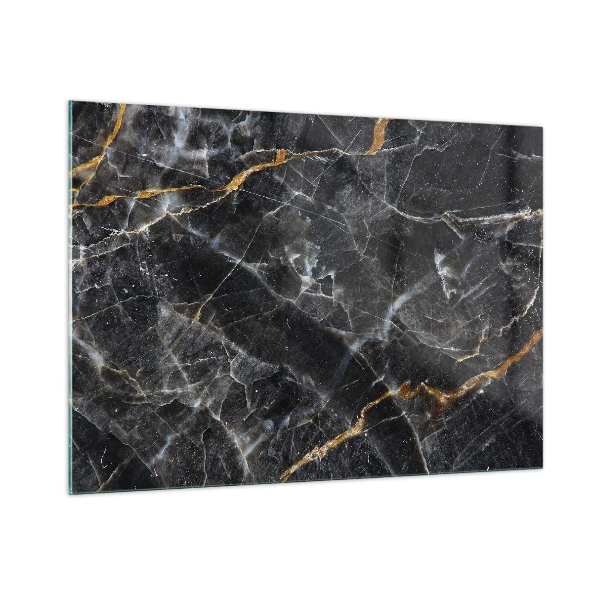 Glasbild - Bild auf glas - Schwarz-goldenes Marmormuster mit weißen Adern - 100x70cm - Das Innenleben des Steins - Moderne Wanddekoration für Wohnzimmer und Schlafzimmer ARTTOR