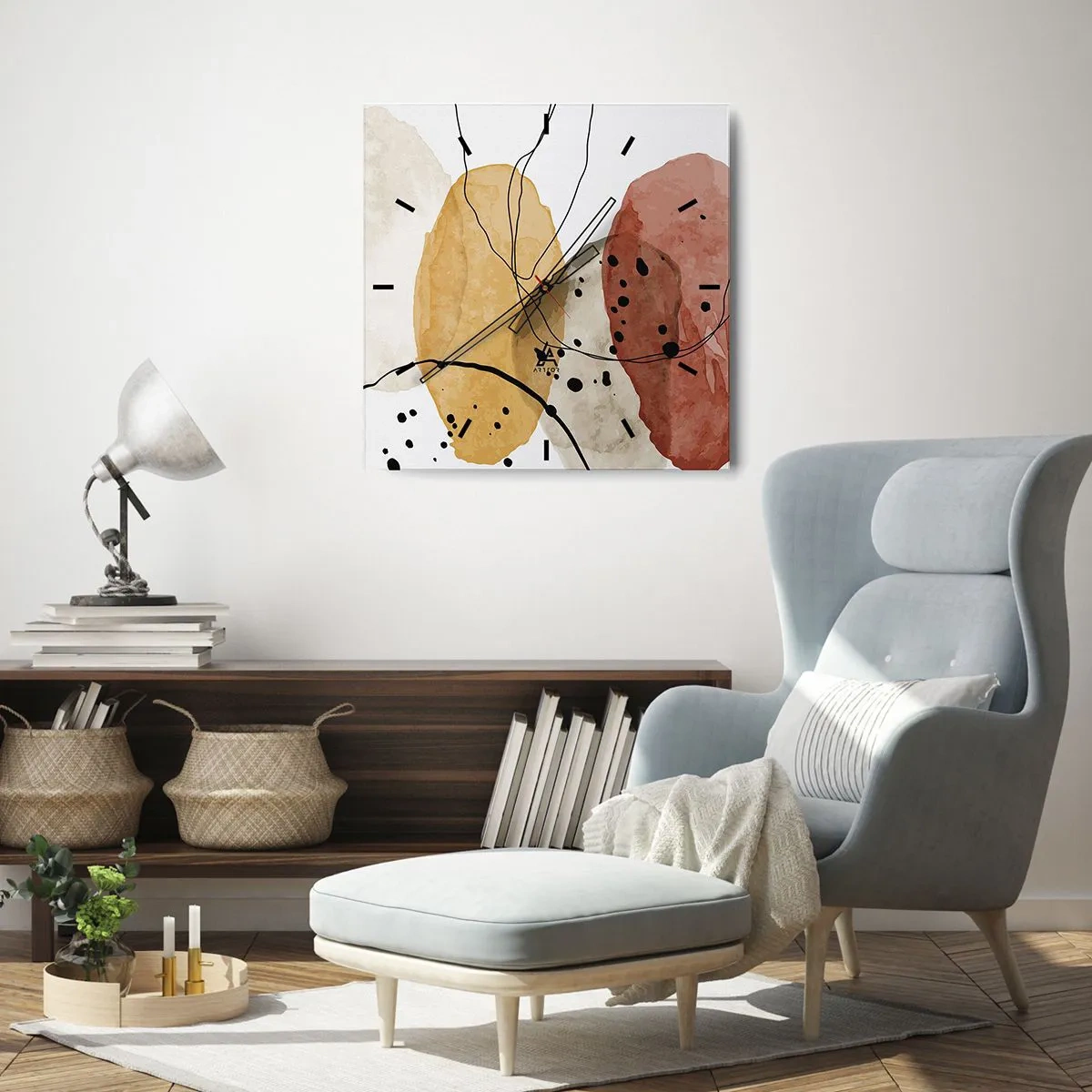 Wanduhr - Glasuhr - Abstrakte Flecken in Beige-, Gelb- und Rottönen - 30x30cm - Wie leichte, transparente Luft - Moderne Wanddekoration für Wohnzimmer und Schlafzimmer ARTTOR