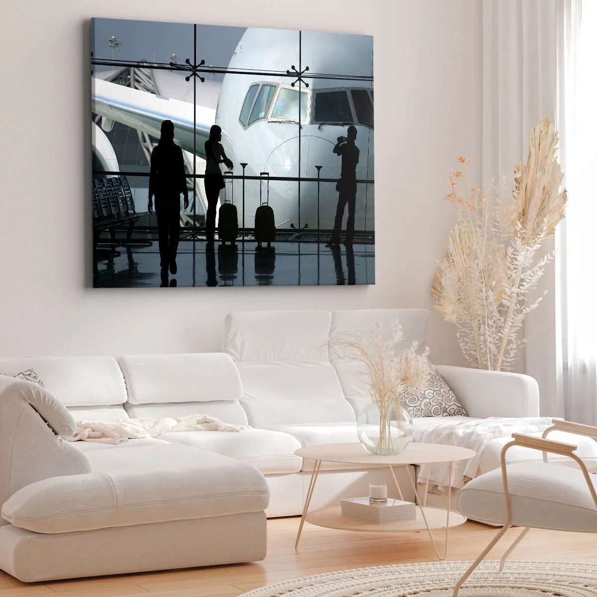 Bild auf Leinwand - Leinwandbild - Flughafen mit Silhouetten von Menschen und Blick auf das Flugzeug - 70x50cm - Vis a vis am Flughafen - Moderne Wanddekoration für Wohnzimmer und Schlafzimmer ARTTOR