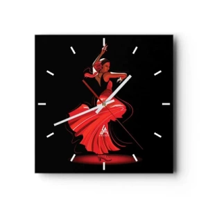 Wanduhr - Glasuhr - Flamenco-Tänzerin in einem roten Kleid vor schwarzem Hintergrund - 30x30cm - Der feurige Geist des Flamenco - Moderne Wanddekoration für Wohnzimmer und Schlafzimmer ARTTOR