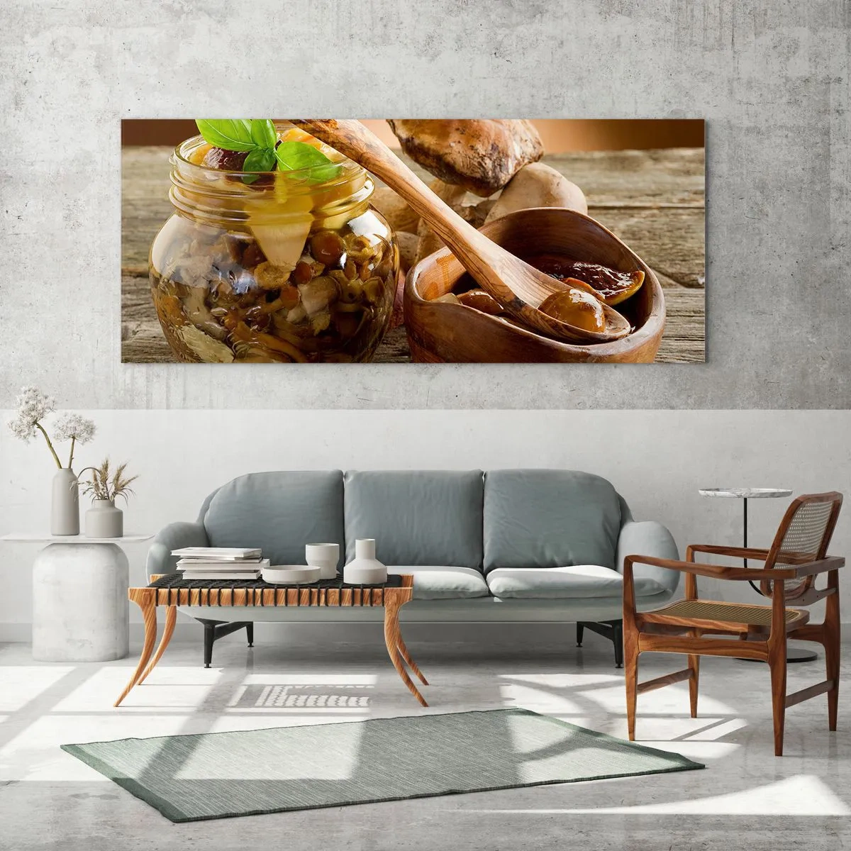 Glasbild - Bild auf glas - Natürliche Pilze in einem Glas auf einem rustikalen Tisch - 120x50cm - Ob frisch oder gesalzen, oder in der Herbstsaison ... - Moderne Wanddekoration für Wohnzimmer und Schlafzimmer ARTTOR