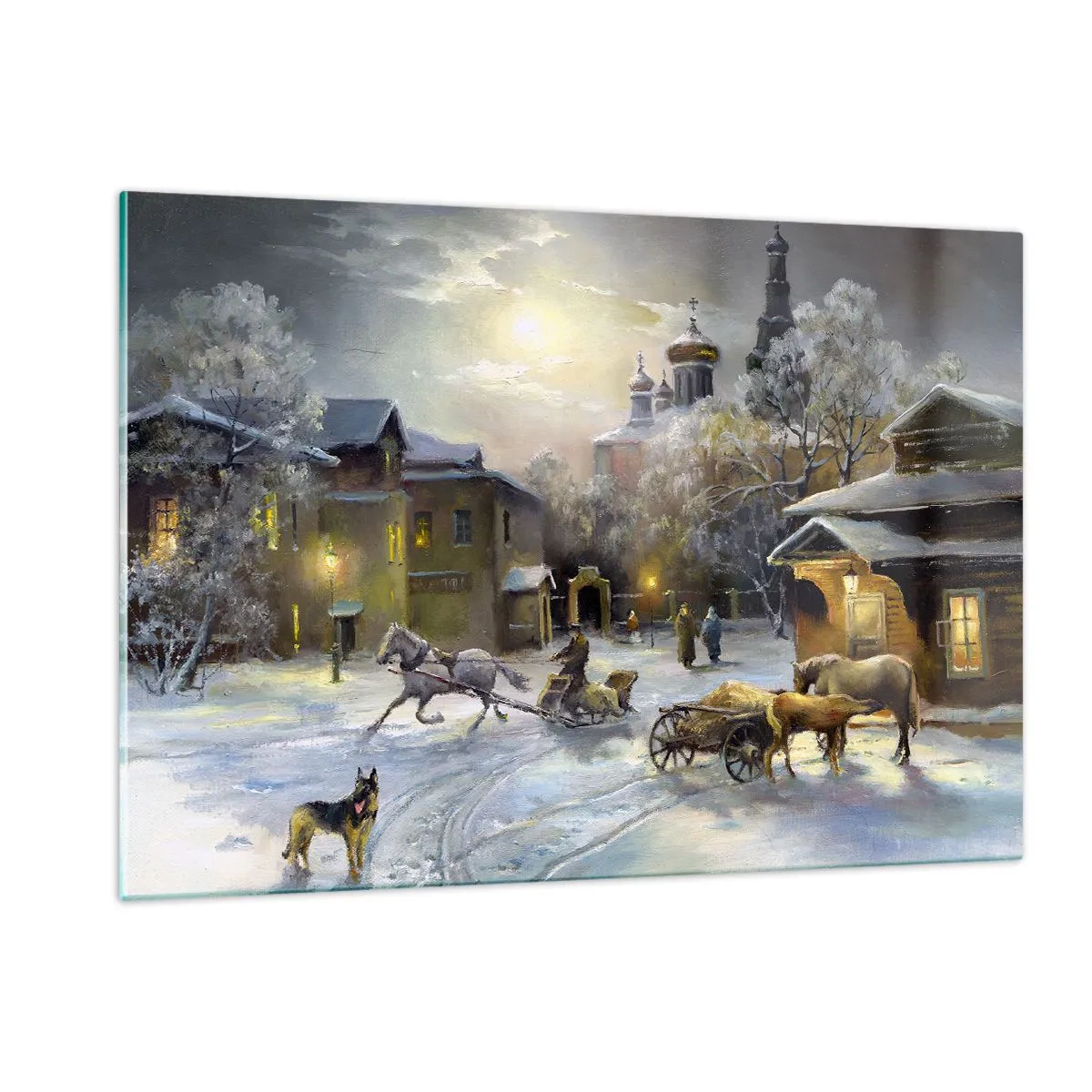 Glasbild - Bild auf glas - Winterliche Stadtlandschaft im Mondlicht - 120x80cm - Die Magie des russischen Winters - Moderne Wanddekoration für Wohnzimmer und Schlafzimmer ARTTOR