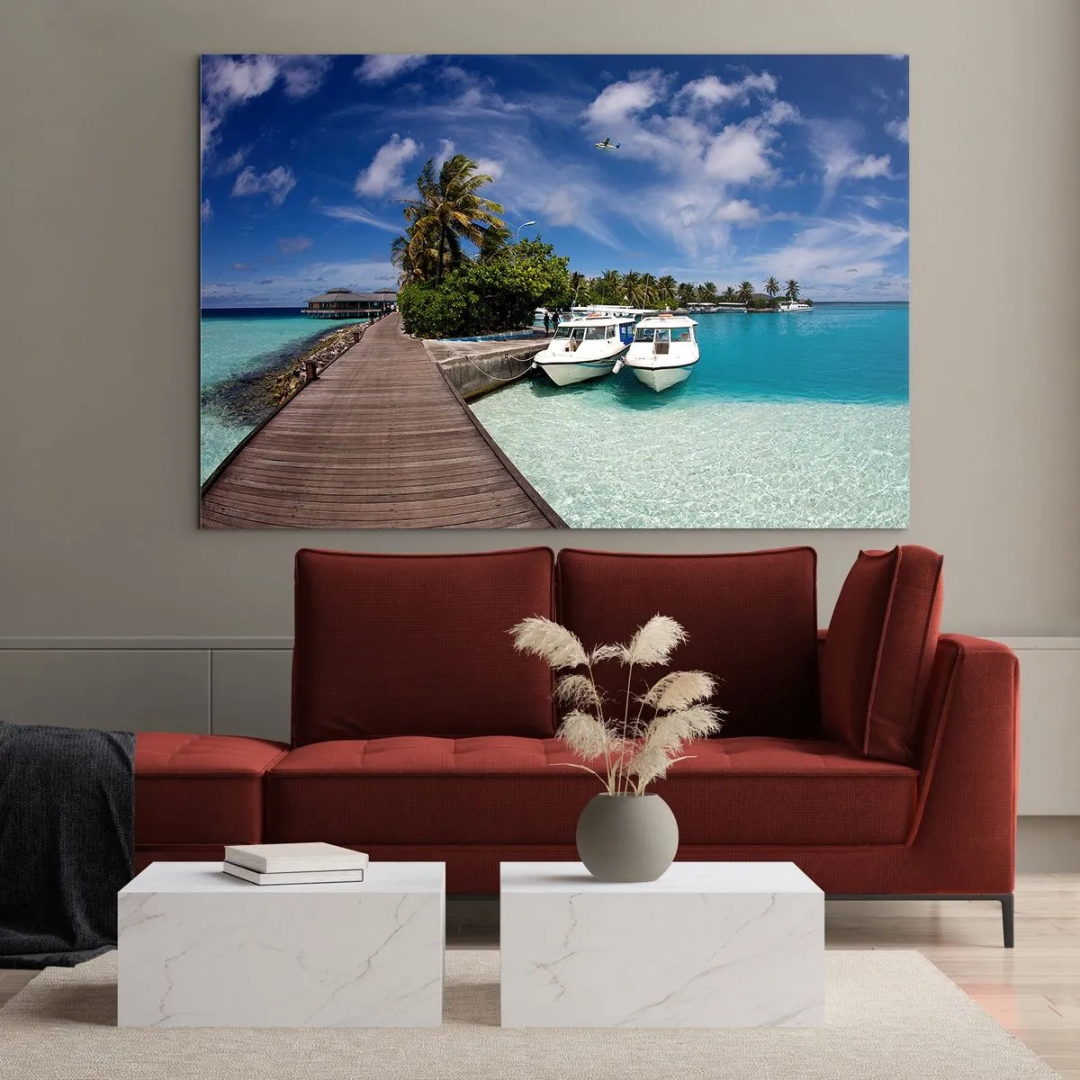 Glasbild - Bild auf glas - Exotischer Pier, Boote und türkisfarbenes Wasser - 70x50cm - Doch das Paradies gibt es - Moderne Wanddekoration für Wohnzimmer und Schlafzimmer ARTTOR