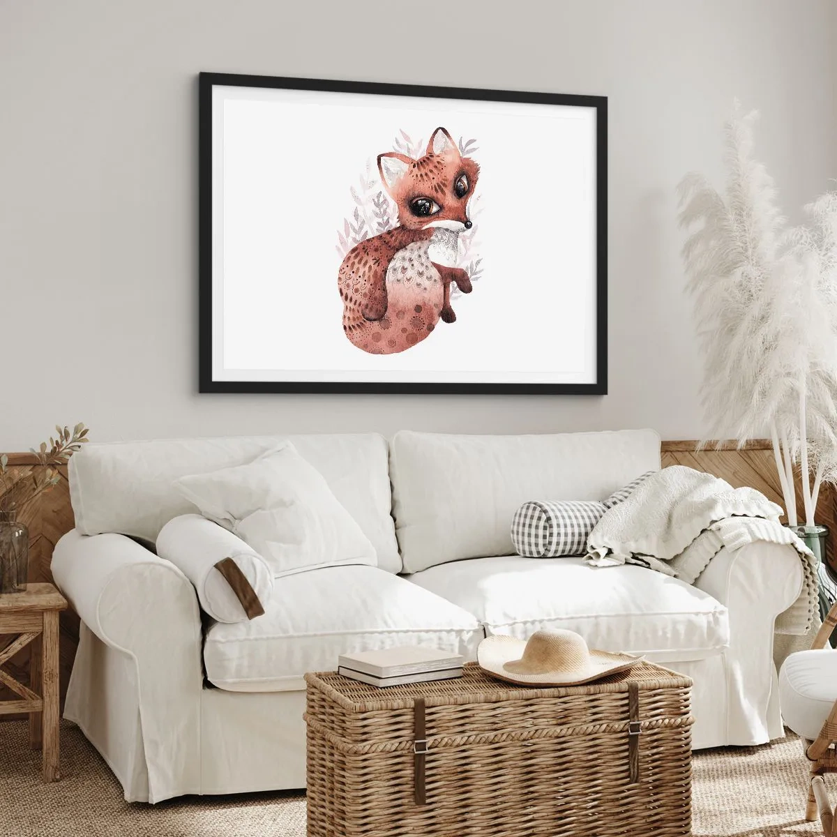 Poster in einem schwarzem Rahmen - Ein süßer Aquarellfuchs auf hellem Hintergrund - 100x70cm - Einfach lieben - Moderne Wanddekoration für Wohnzimmer und Schlafzimmer ARTTOR