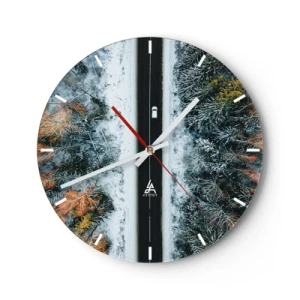 Wanduhr - Glasuhr - Ein Waldweg im Winter aus der Vogelperspektive mit einem vorbeifahrenden Auto - 30x30cm - Schnitt durch den Winterwald - Moderne Wanddekoration für Wohnzimmer, Küche und Schlafzimmer ARTTOR