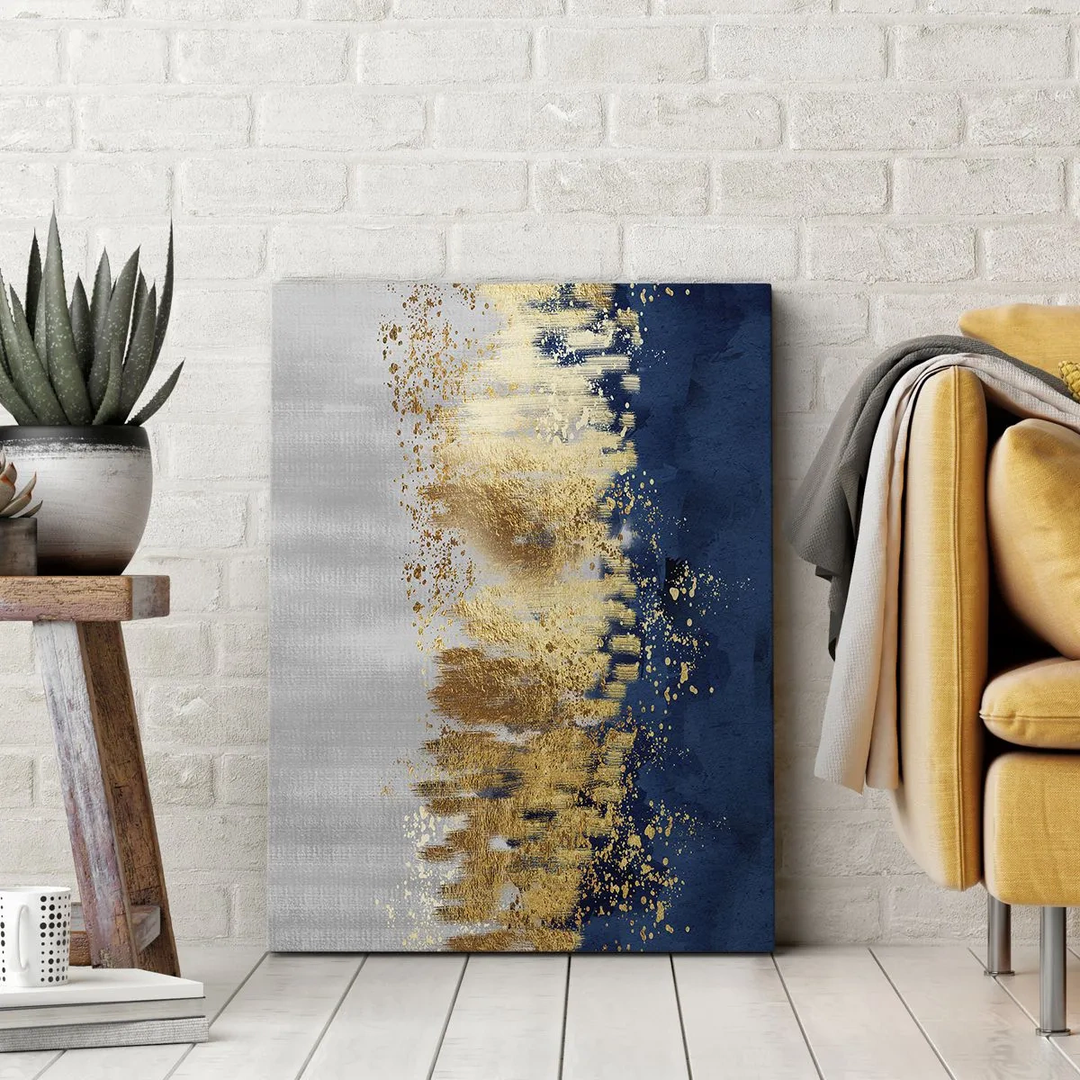 Bild auf Leinwand - Leinwandbild - Eine abstrakte Komposition in Gold- und Marineblautönen. - 80x120cm - Moderne Komposition mit Glanz - Moderne Wanddekoration für Wohnzimmer und Schlafzimmer ARTTOR