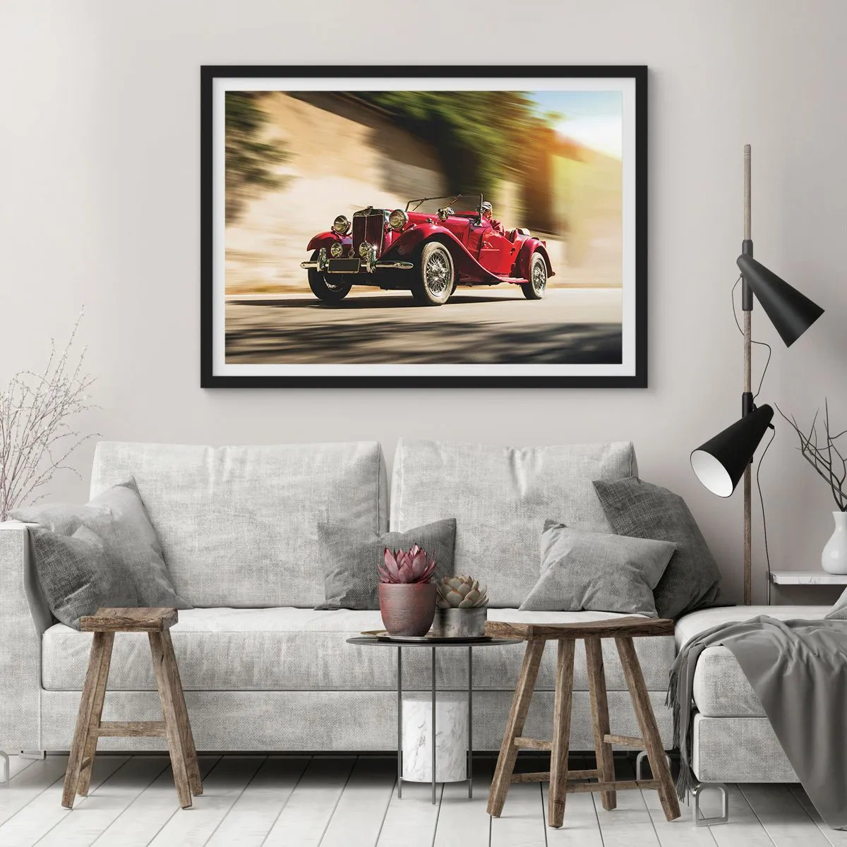 Poster in einem schwarzem Rahmen - Roter Oldtimer in Bewegung auf einer sonnigen Straße - 100x70cm - Schöner als Nike von Samothrake - Moderne Wanddekoration für Wohnzimmer und Schlafzimmer ARTTOR
