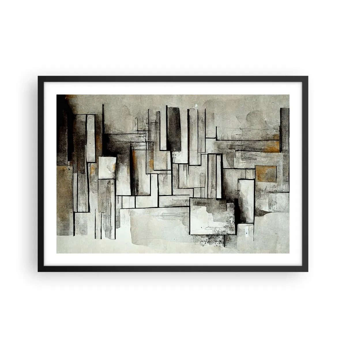 Poster in einem schwarzem Rahmen - Abstrakte Rechtecke in Grau- und Schwarztönen - 70x50cm - Kraft der Einfachheit - Moderne Wanddekoration für Wohnzimmer und Schlafzimmer ARTTOR