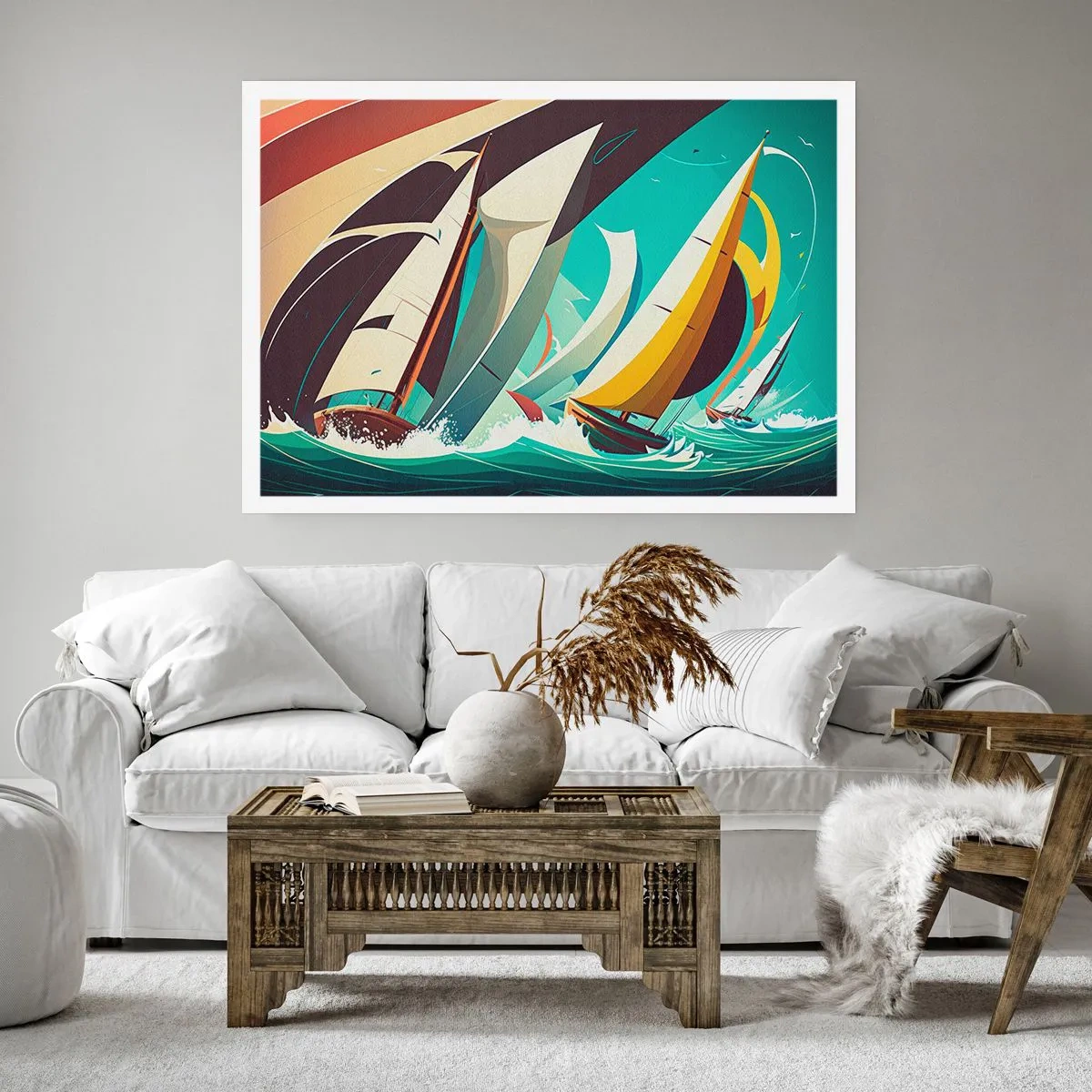 Poster - Eine dynamische Illustration von Segelbooten in stürmischer See. - 100x70cm - Viel Glück mit den Elementen - Moderne Wanddekoration für Wohnzimmer und Schlafzimmer ARTTOR