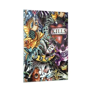 Glasbild - Bild auf glas - Farbenfrohe Kunstwerke im Tattoo-Stil mit Totenköpfen und nautischen Motiven - 80x120cm - Der Traum des Tätowierers - Moderne Wanddekoration für Wohnzimmer und Schlafzimmer ARTTOR