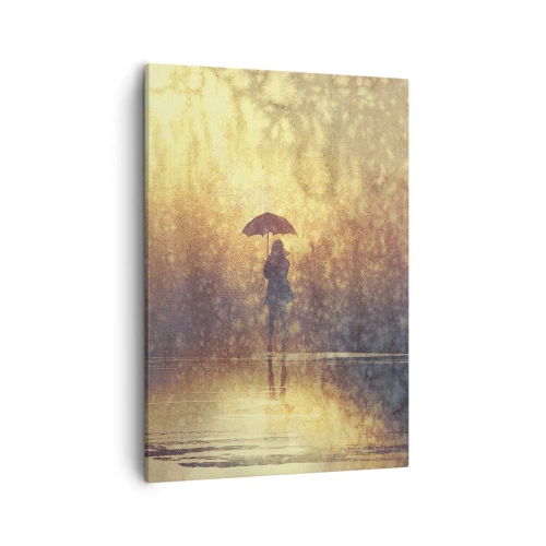 Bild auf Leinwand - Leinwandbild - Eine Figur mit einem Regenschirm in einer nebligen Landschaft voller Reflexionen - 50x70cm - Ich habe das Gefühl, dass mich jemand ansieht - Moderne Wanddekoration für Wohnzimmer und Schlafzimmer ARTTOR