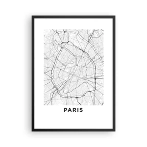 Poster in einem schwarzem Rahmen - Eine Karte von Paris im minimalistischen Schwarz-Weiß-Stil. - 50x70cm - Pariser Blume - Moderne Wanddekoration für Wohnzimmer und Schlafzimmer ARTTOR