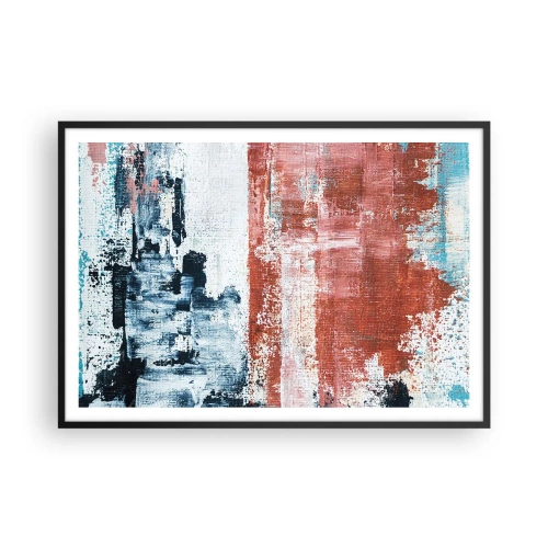 Poster in einem schwarzem Rahmen - Abstraktion in Weiß-, Blau- und Ziegelfarben - 100x70cm - Fünfzig-Fünfzig abstrakt - Moderne Wanddekoration für Wohnzimmer und Schlafzimmer ARTTOR