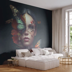 Fototapete Premium Canvas - Wunderbare Metamorphose - Schmetterlinge, Gesicht, Frau - 250x175 cm