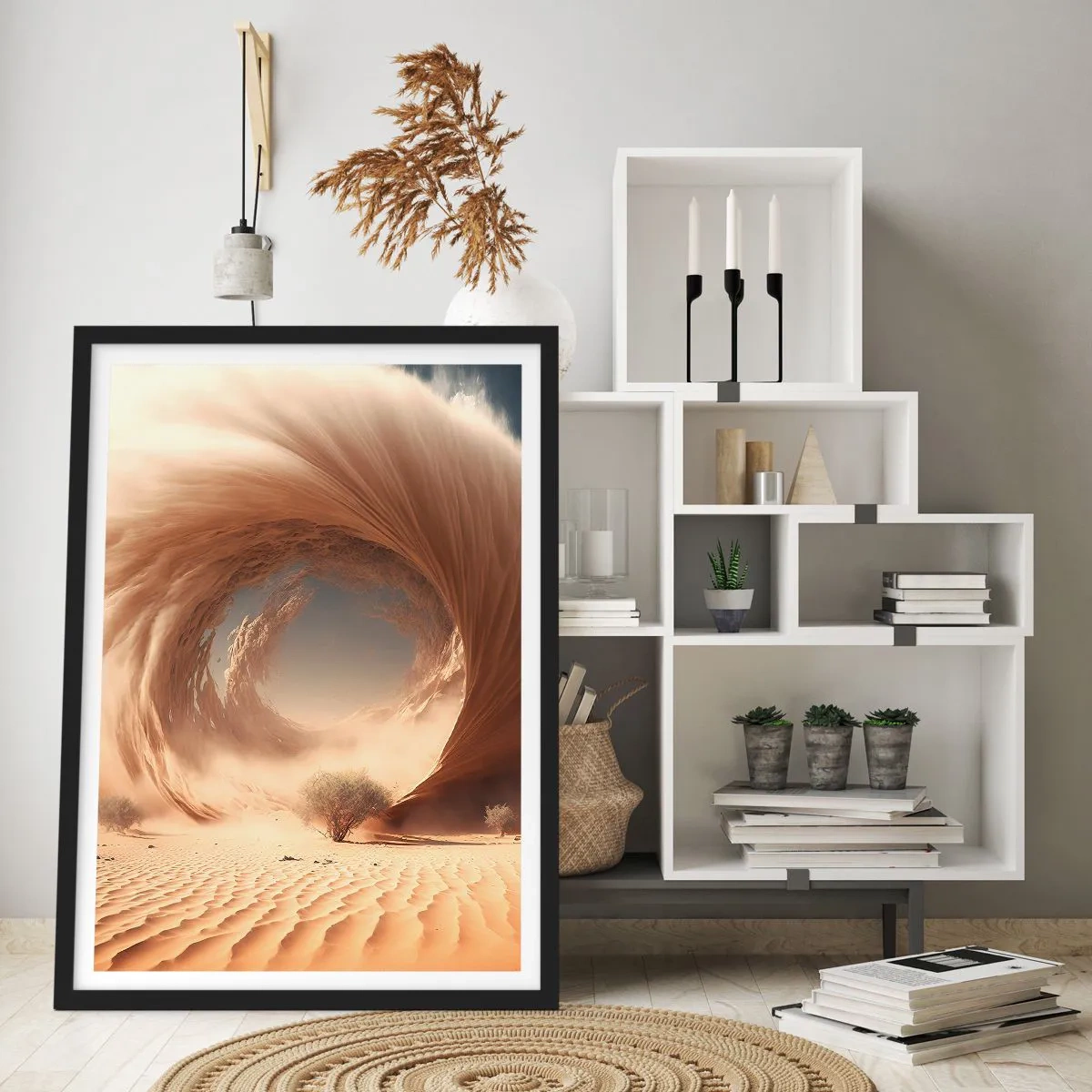 Poster in einem schwarzem Rahmen - Ein phänomenaler Sandwirbel in der Wüste - 50x70cm - Geöffnetes Portal - Moderne Wanddekoration für Wohnzimmer und Schlafzimmer ARTTOR