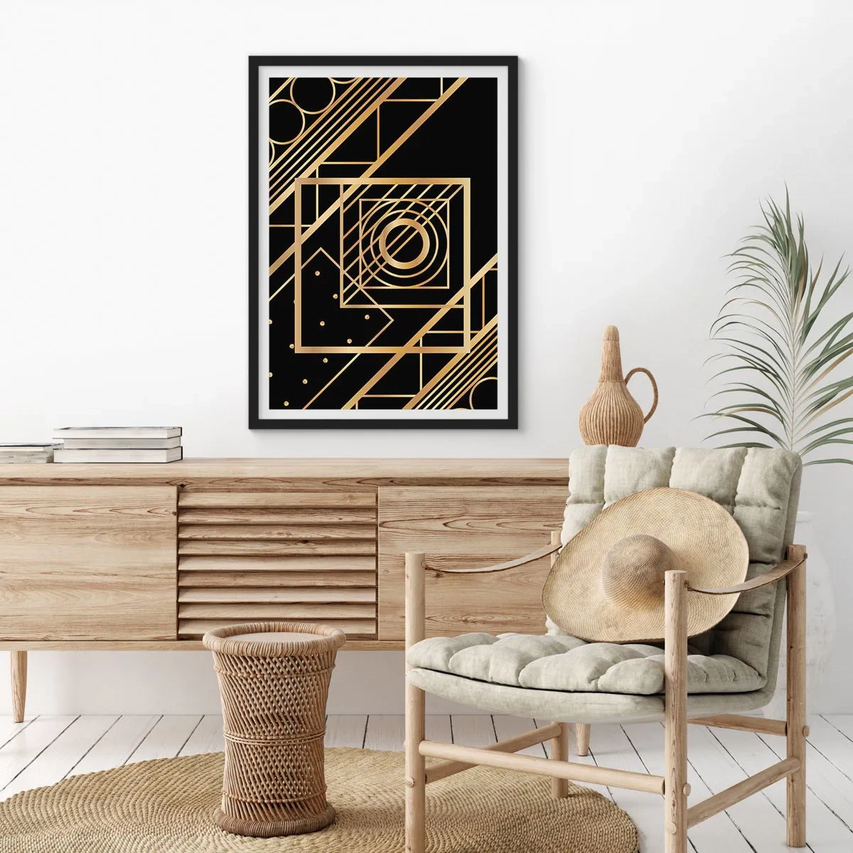 Poster in einem schwarzem Rahmen - Goldene geometrische Muster auf schwarzem Hintergrund im Art-Deco-Stil - 50x70cm - Goldene Geometrie - Moderne Wanddekoration für Wohnzimmer und Schlafzimmer ARTTOR
