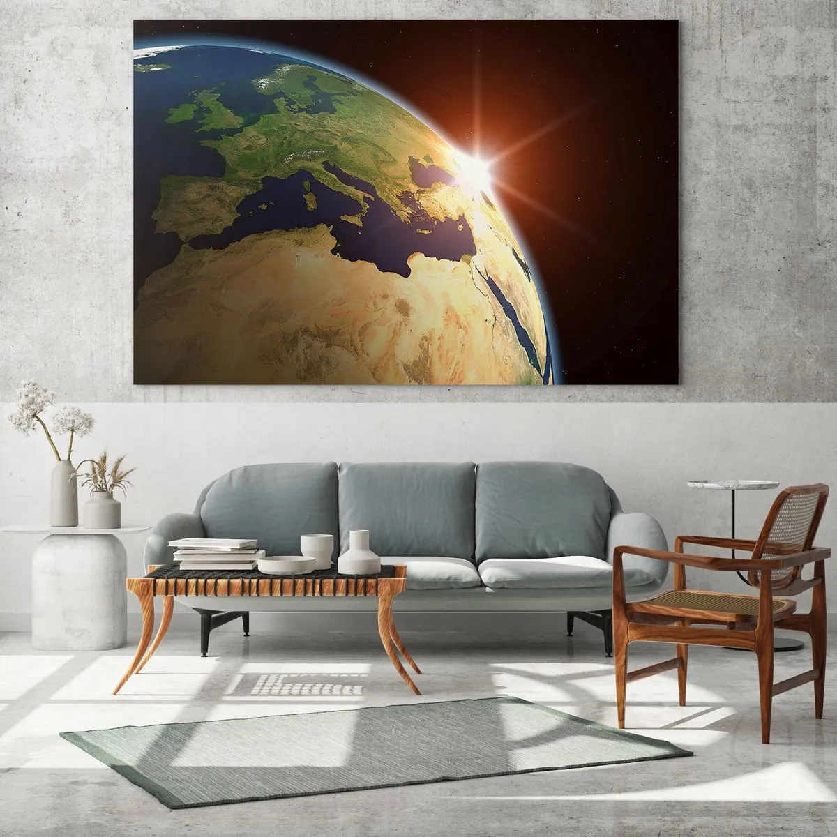 Glasbild - Bild auf glas - Die Erde wird von der aufgehenden Sonne aus dem Weltraum beleuchtet - 100x70cm - Sonnenaufgang - Moderne Wanddekoration für Wohnzimmer und Schlafzimmer ARTTOR