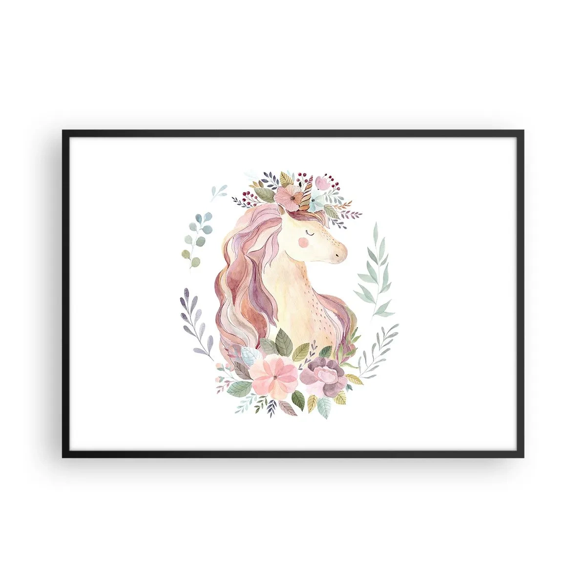 Poster in einem schwarzem Rahmen - Ein Einhorn in Pastellfarben, umgeben von Blumen - 100x70cm - Eine Einladung in die Welt der Märchen - Moderne Wanddekoration für Wohnzimmer und Schlafzimmer ARTTOR