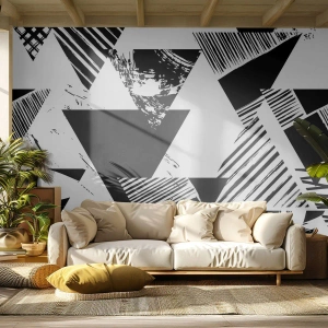 Fototapete Premium Sand - Abstrakte schwarz-weiße geometrische Muster mit Dreiecken - 100x70cm - Regen von Dreiecken - Moderne Wanddekoration für Wohnzimmer und Schlafzimmer ARTTOR