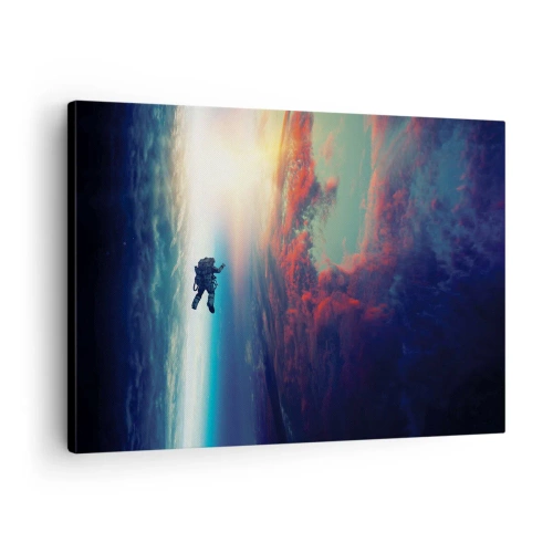 Bild auf Leinwand - Leinwandbild - Ein Astronaut schwebt im Weltraum über einer bunten Erde - 70x50cm - Sich dem Universum stellen - Moderne Wanddekoration für Wohnzimmer und Schlafzimmer ARTTOR