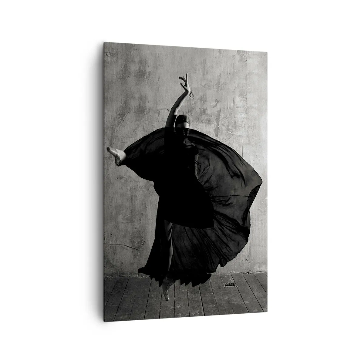 Bild auf Leinwand - Leinwandbild - Schwarz-weiße Silhouette einer Tänzerin in Bewegung vor einem Wandhintergrund - 80x120cm - Leidenschaftlicher Gürtel - Moderne Wanddekoration für Wohnzimmer und Schlafzimmer ARTTOR