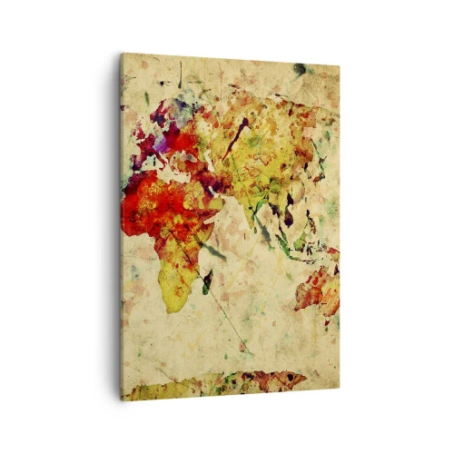 Bild auf Leinwand - Leinwandbild - Eine farbenfrohe, künstlerische Interpretation der Weltkarte - 50x70cm - Leben wie buntes Kartenpapier - Moderne Wanddekoration für Wohnzimmer und Schlafzimmer ARTTOR
