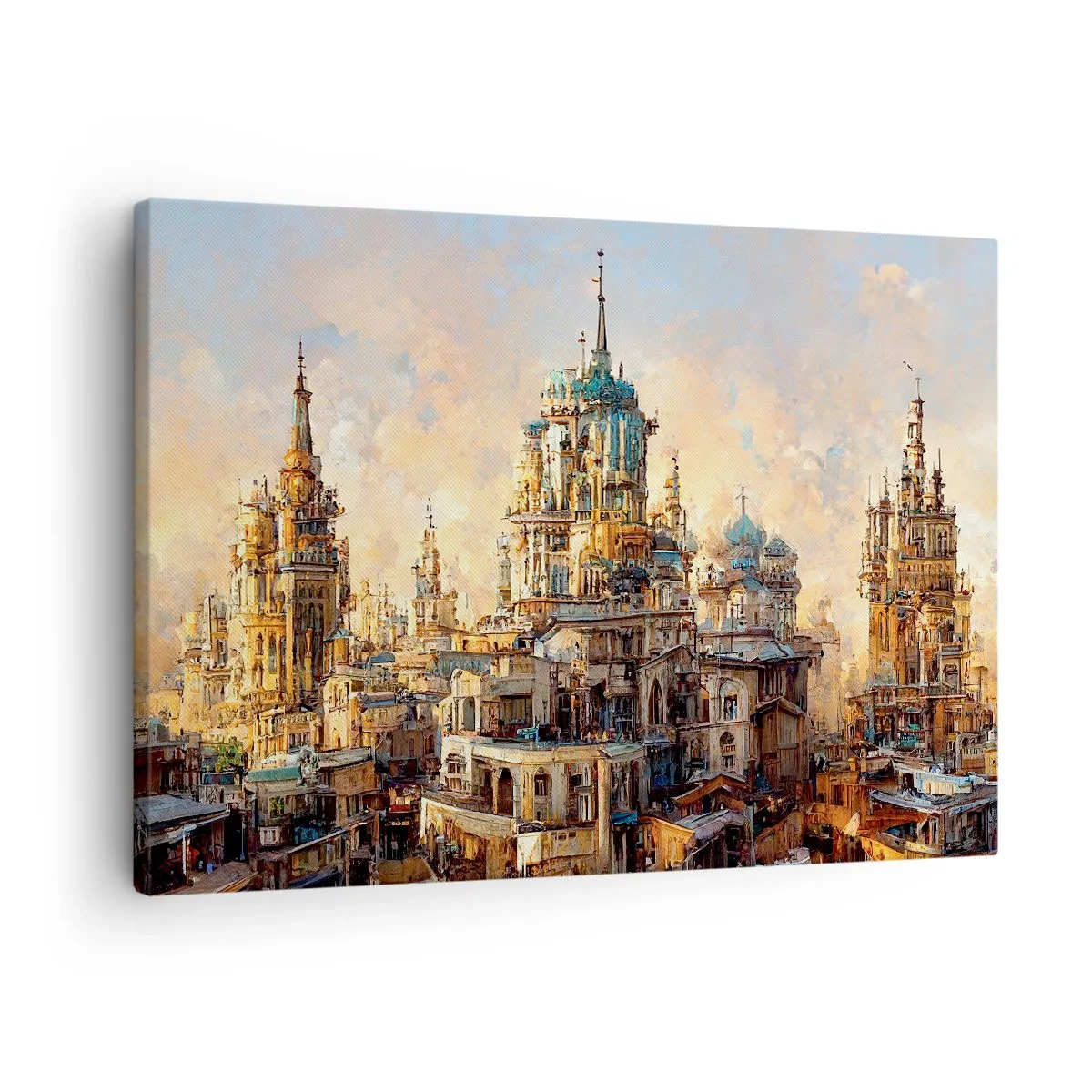 Bild auf Leinwand - Leinwandbild - Architektonische Türme in den Strahlen der untergehenden Sonne - 70x50cm - Stadt der Städte - Moderne Wanddekoration für Wohnzimmer und Schlafzimmer ARTTOR