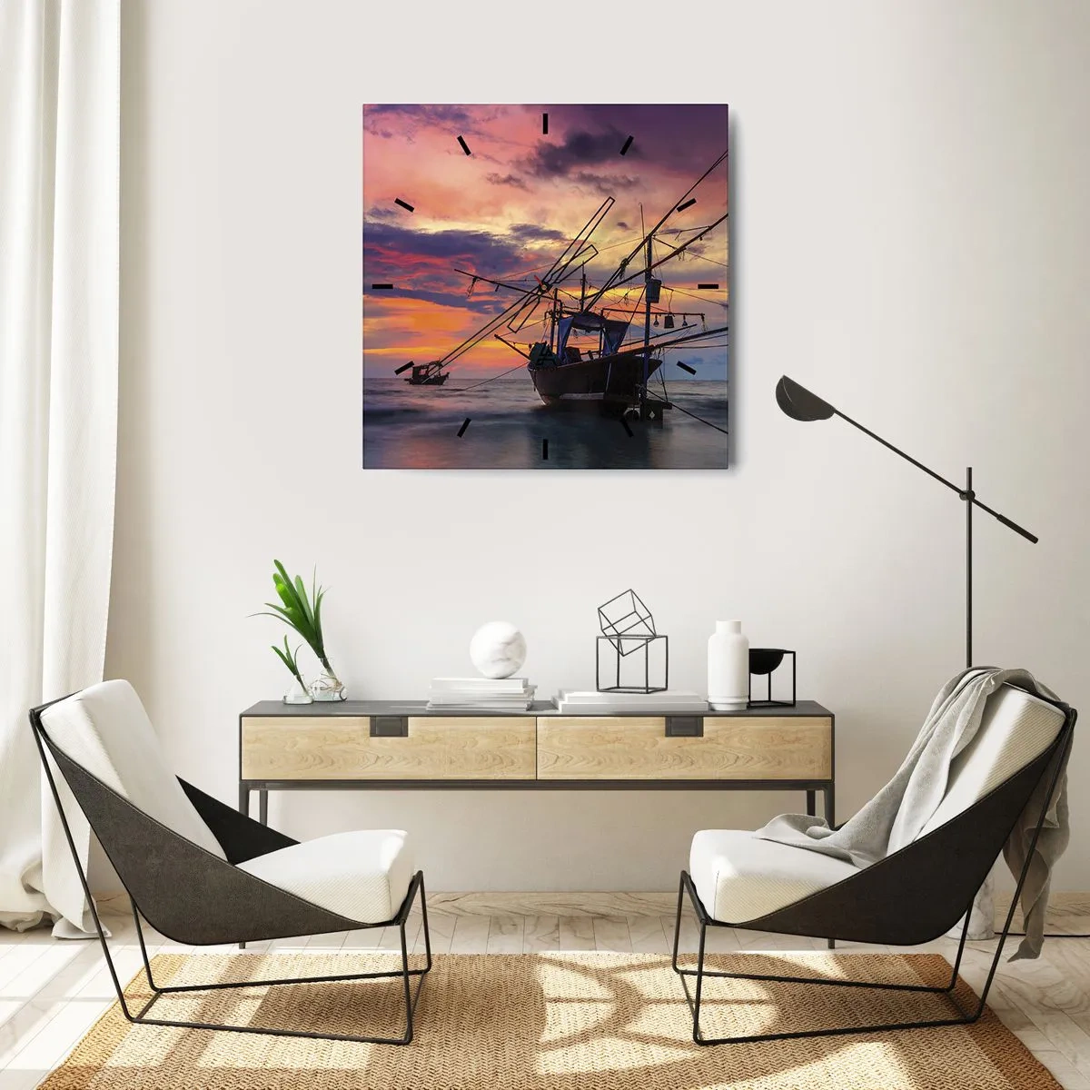 Wanduhr - Glasuhr - Ein Fischerboot vor der Kulisse eines farbenfrohen Sonnenuntergangs - 30x30cm - Exotischer Abend - Moderne Wanddekoration für Wohnzimmer und Schlafzimmer ARTTOR