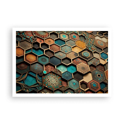 Poster - Bunte Ornamente in sechseckigen Mustern - 100x70cm - Arabische Ornamente – Variation - Moderne Wanddekoration für Wohnzimmer und Schlafzimmer ARTTOR