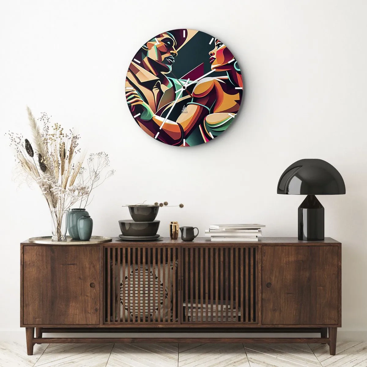 Wanduhr - Glasuhr - Ein stilisiertes Tanzpaar, dargestellt in intensiven Farben. - 30x30cm - Im Rhythmus des Herzens - Moderne Wanddekoration für Wohnzimmer, Küche und Schlafzimmer ARTTOR