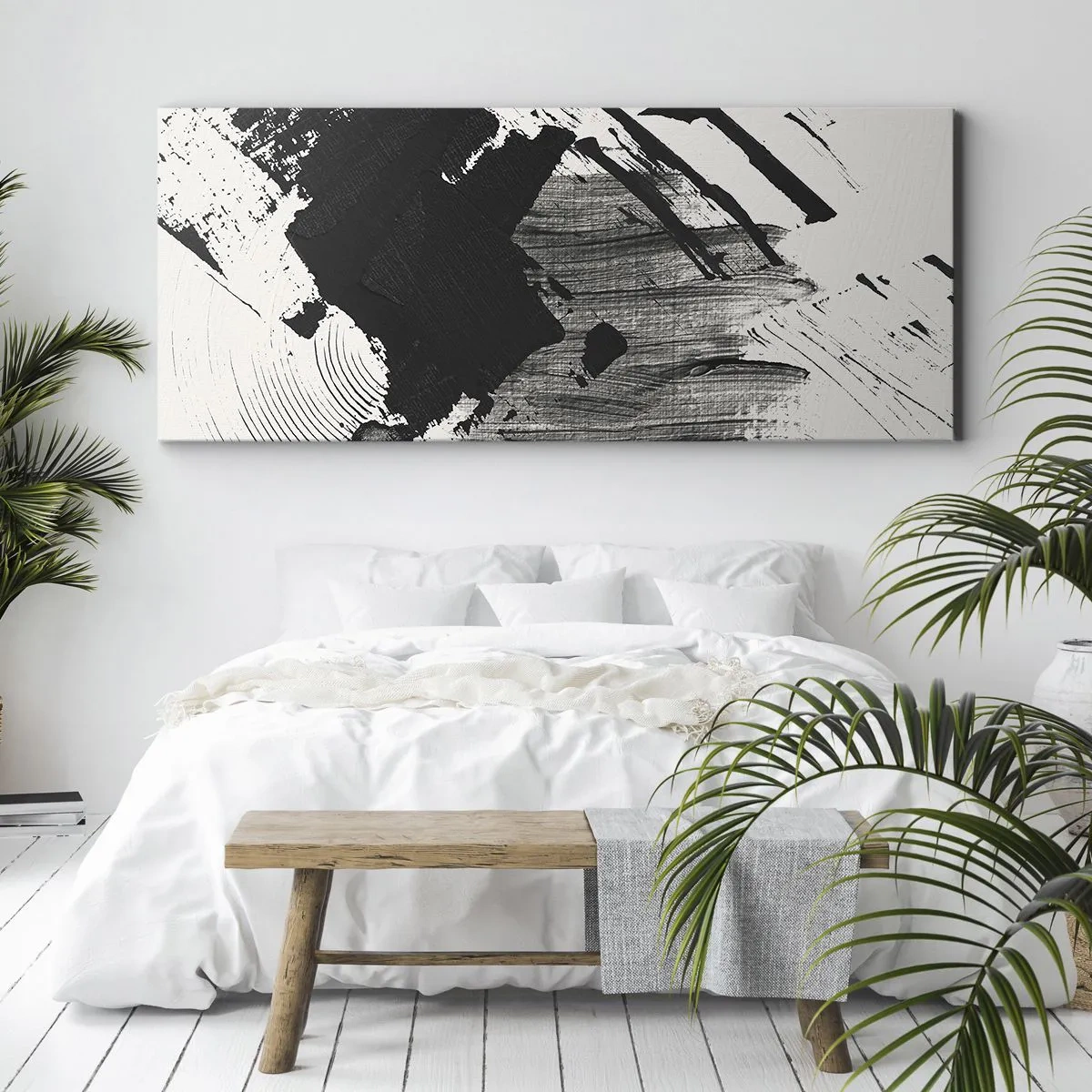 Bild auf Leinwand - Leinwandbild - Abstrakte Striche in Schwarz auf weißem Hintergrund - 140x50cm - Abstraktion – Ausdruck von Schwarz - Moderne Wanddekoration für Wohnzimmer und Schlafzimmer ARTTOR