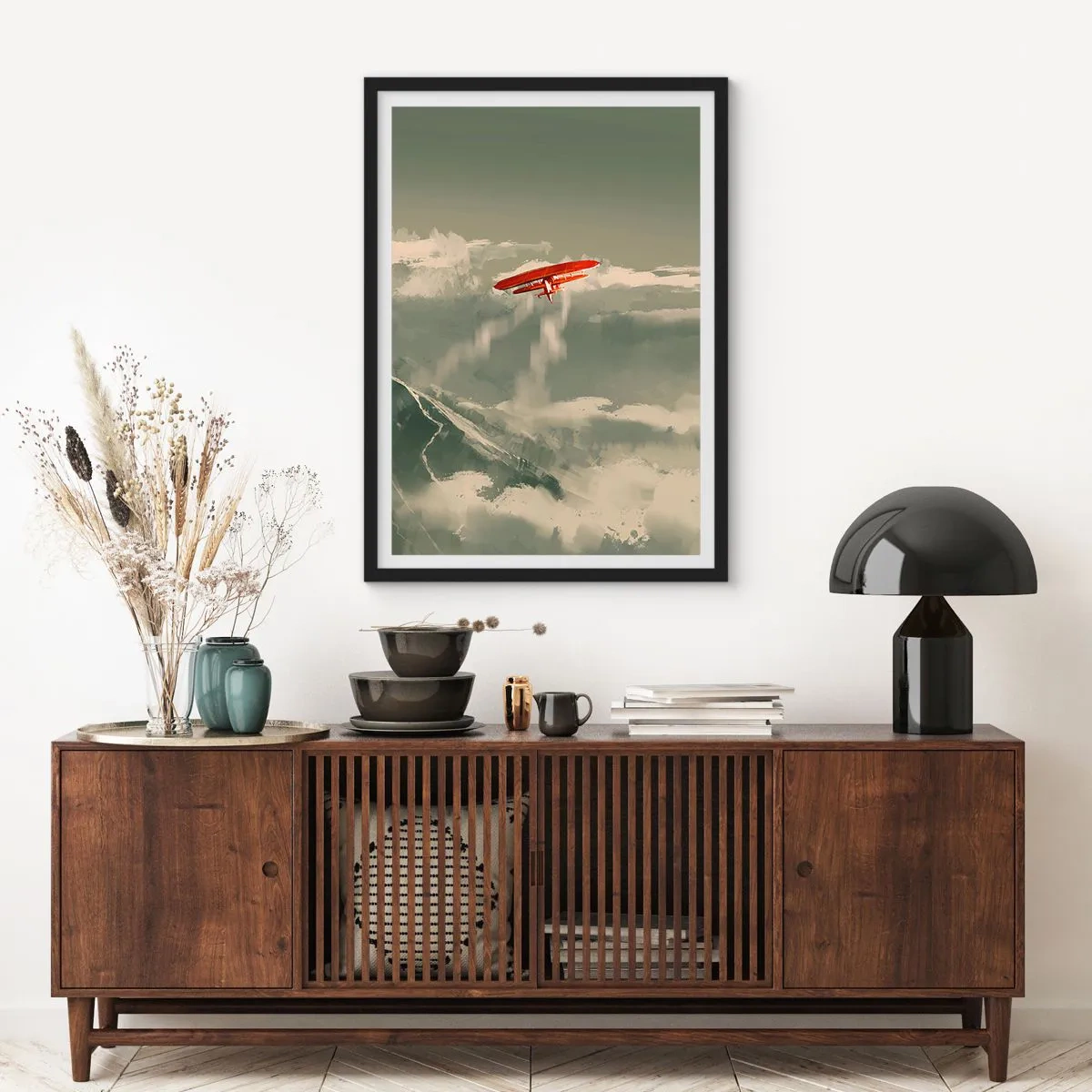 Poster in einem schwarzem Rahmen - Ein roter Doppeldecker am Himmel - 50x70cm - Furchtloser Pionier - Moderne Wanddekoration für Wohnzimmer und Schlafzimmer ARTTOR