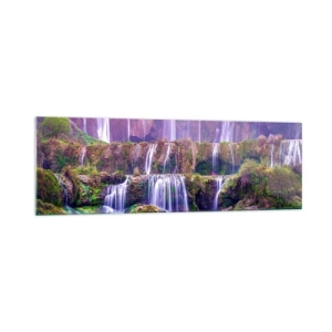 Glasbild - Bild auf glas - Wasserfälle umgeben von Grün mit pastellfarbener Beleuchtung - 160x50cm - Treppe zum Himmel - Moderne Wanddekoration für Wohnzimmer und Schlafzimmer ARTTOR
