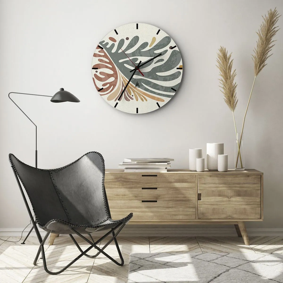 Wanduhr - Glasuhr - Organische Formen in Grün- und Rosttönen - 30x30cm - Mehrfarbiges Blatt - Moderne Wanddekoration für Wohnzimmer, Küche und Schlafzimmer ARTTOR