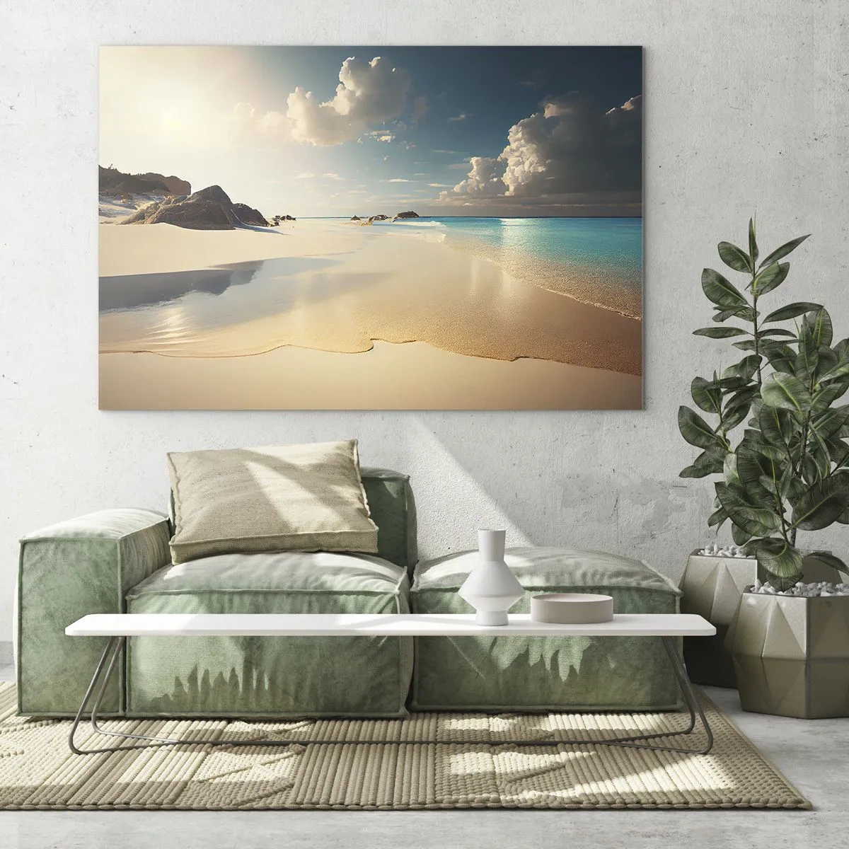Glasbild - Bild auf glas - Goldener Strand und türkisfarbenes Meer im Licht der Morgensonne - 120x80cm - Erträumter Tag - Moderne Wanddekoration für Wohnzimmer und Schlafzimmer ARTTOR