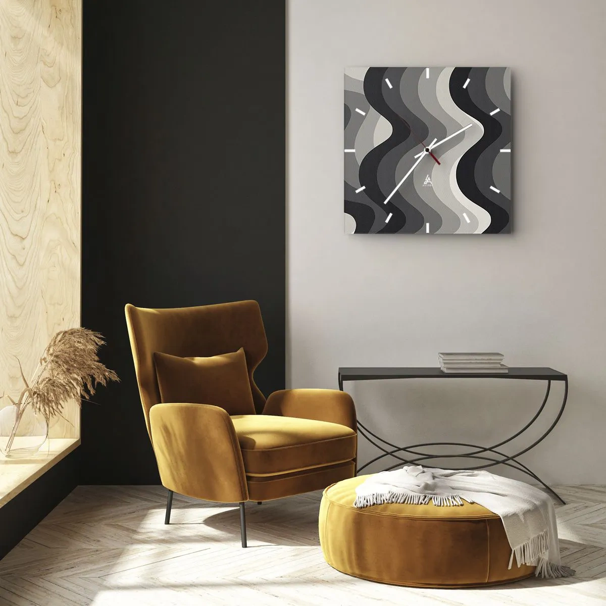 Wanduhr - Glasuhr - Schwarz-weiße Wellenmuster in Grautönen - 30x30cm - Eine Welle nach der anderen - Moderne Wanddekoration für Wohnzimmer und Schlafzimmer ARTTOR