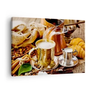 Bild auf Leinwand - Leinwandbild - Eine goldene Tasse Kaffee, umgeben von Bohnen, Krügen und Croissants - 70x50cm - Schönen Tag noch! - Moderne Wanddekoration für Wohnzimmer und Schlafzimmer ARTTOR