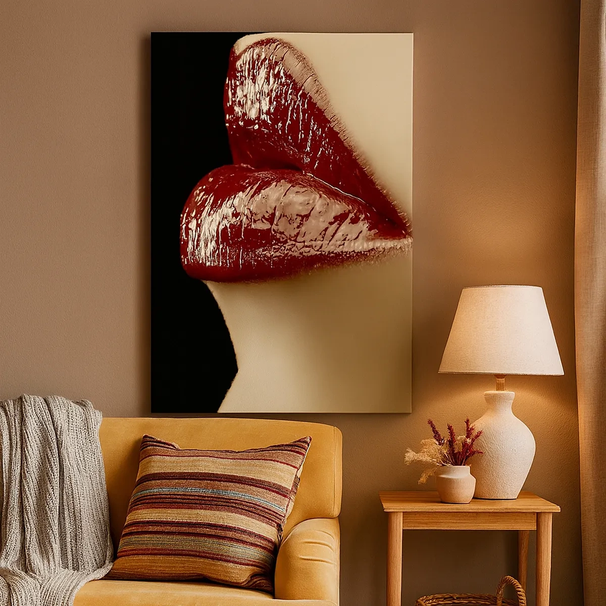 Bild auf Leinwand - Leinwandbild - Rote Lippen und Lippenstift auf schwarzem Hintergrund - 50x70cm - Sinnlichkeit und Brillanz von Karmin - Moderne Wanddekoration für Wohnzimmer und Schlafzimmer ARTTOR